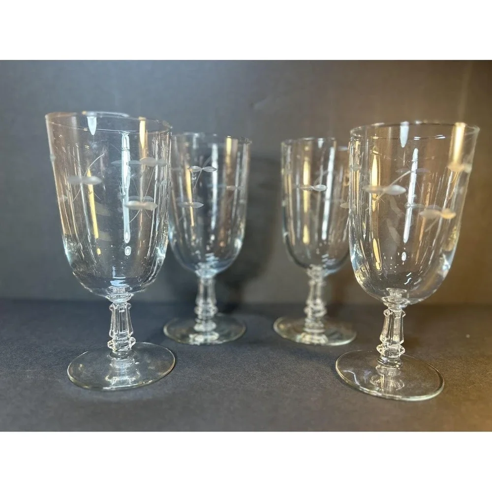 4 - VTG Libbey StemWare Goblets Etched Cut Hand Blown 1950's Footed Beverage